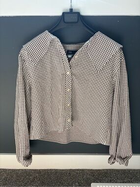Brown & White Gingham Button-Up Top with Peter Pan collar